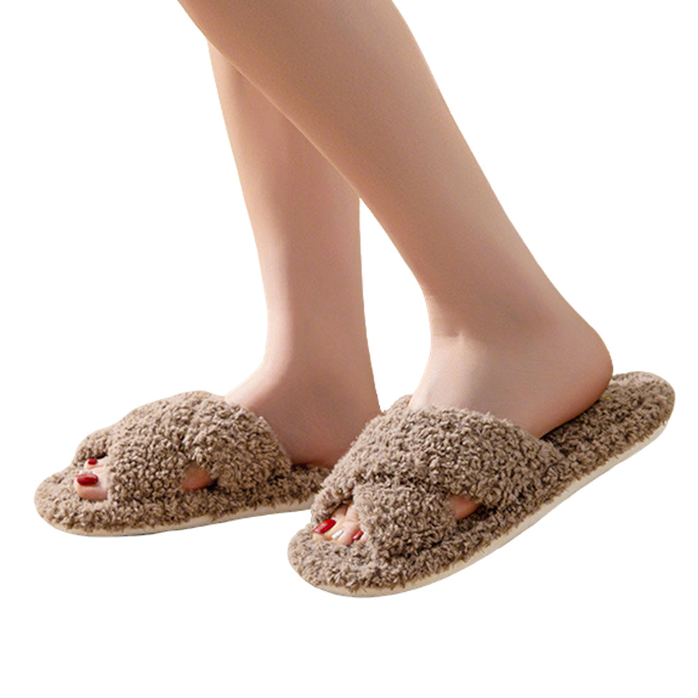Women Fuzzy Cross Band Slippers Plush Indoor House Shoes Non Slip-Coffee