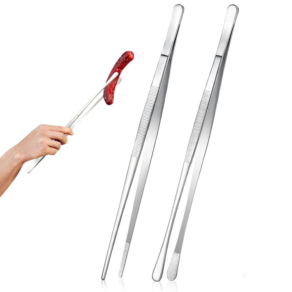 2 Pack 30cm BBQ Tongs Stainless Steel Round and Straight Head for Grilling Cooking-Silver