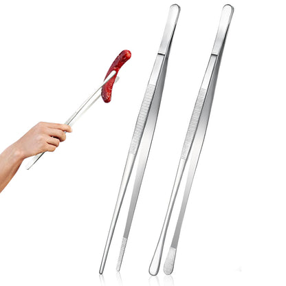 2 Pack 30cm BBQ Tongs Stainless Steel Round and Straight Head for Grilling Cooking-Silver