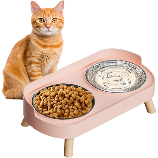 Elevated Double Stainless Steel Pet Food and Water Bowl Set-Pink