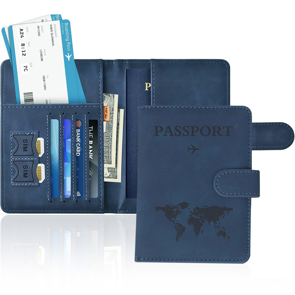 Passport Holder RFID Blocking Leather Cover Wallet With Magnetic Closure For Travel Essentials-Blue