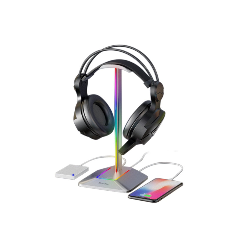 RGB Headphone Stand with Charging Port Desk Gaming Headset Stand with 7 Light Modes for All Earphone Accessories-Silver