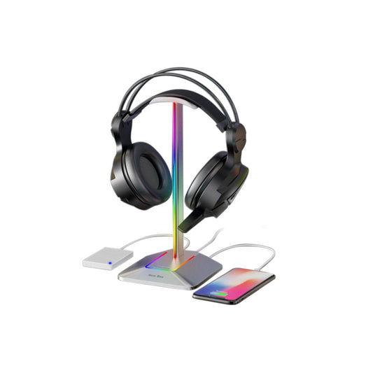 RGB Headphone Stand with Charging Port Desk Gaming Headset Stand with 7 Light Modes for All Earphone Accessories-Silver