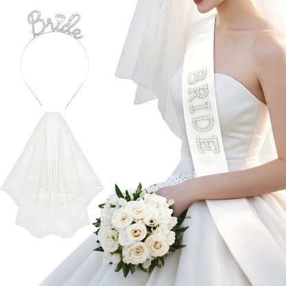 Bride Accessory with Veil Sash and Headband for Bachelorette Party-White