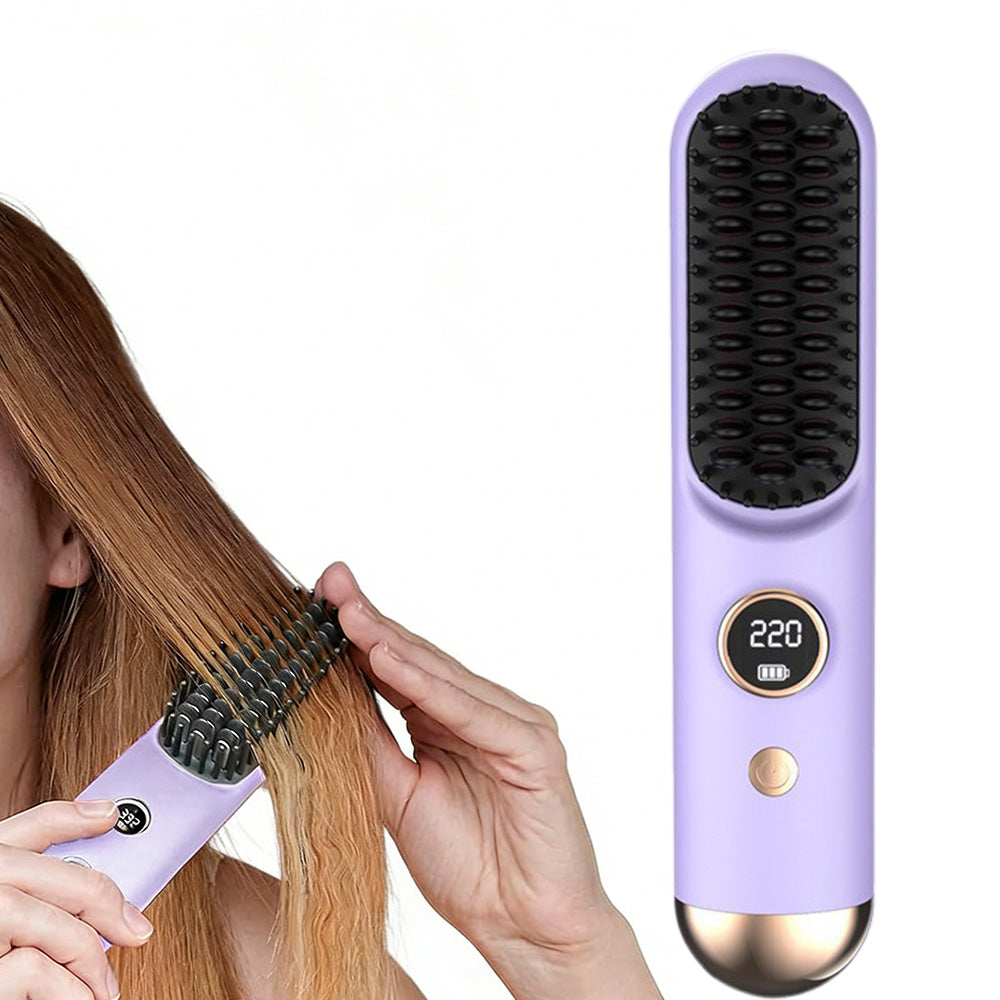 Cordless LCD Hair Straightening Brush 2-in-1 Portable Styling Tool for Travel-Purple