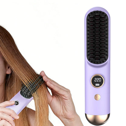 Cordless LCD Hair Straightening Brush 2-in-1 Portable Styling Tool for Travel-Purple