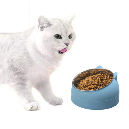 400ml Stainless Steel Tilted Pet Bowl Non-Slip Raised Feeder for Cats and Dogs-Blue