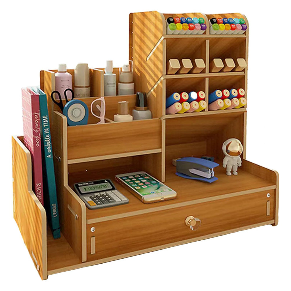6 Compartment Wooden Desk Organizer with Drawers Art Supplies Storage Desktop Stationary-Khaki