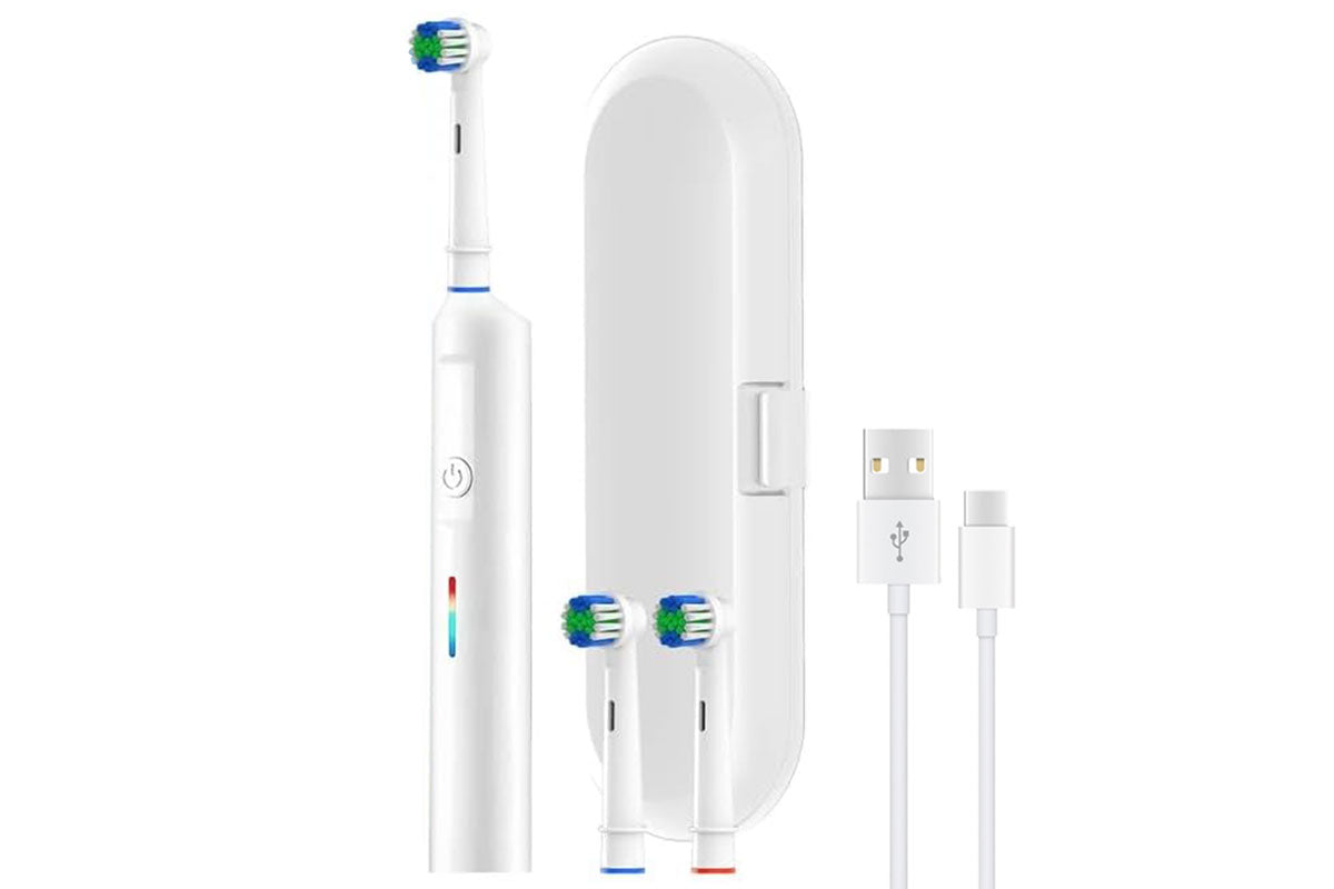 Rotating Electric Toothbrush 3Modes with Travel Case and 2 Brush Heads-White
