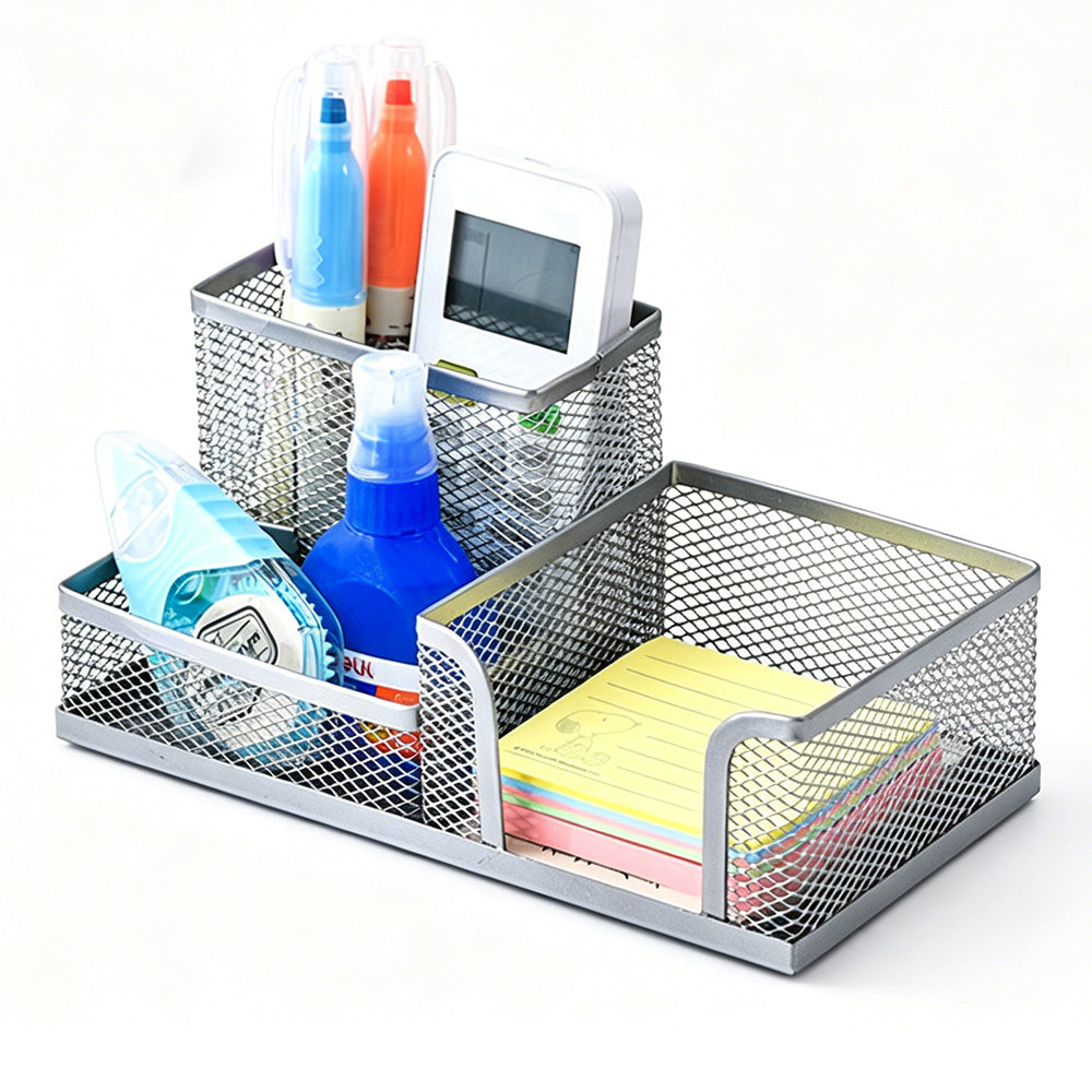 3 Compartment Mesh Pen Holder Desk Organizer Metal Office Supply Storage for Home School-Silver