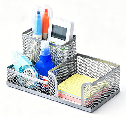 3 Compartment Mesh Pen Holder Desk Organizer Metal Office Supply Storage for Home School-Silver
