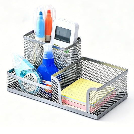 3 Compartment Mesh Pen Holder Desk Organizer Metal Office Supply Storage for Home School-Silver