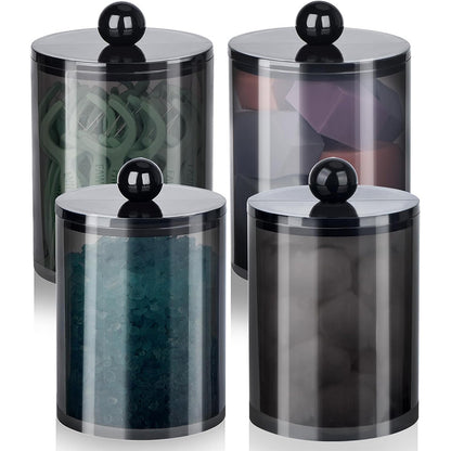 4 Pack Round Cotton Swab Holder with Lid Dental Floss Container-Black