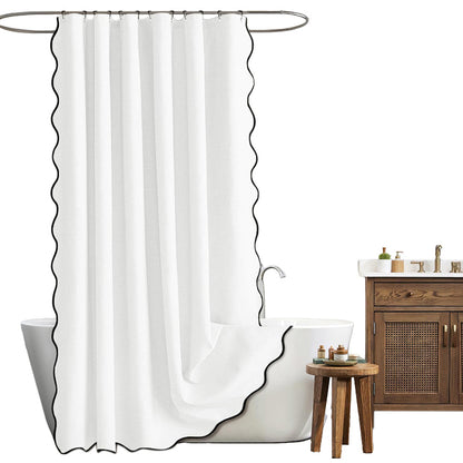 Waterproof Shower Curtain Thick Boho Wavy Edge With Rustproof Hooks-White