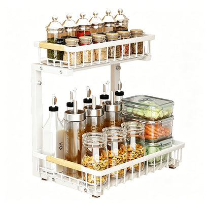 Under Sink Organizer 2 Tier Pull Out Cabinet Storage Slide Out Shelf Metal Sliding Drawer-White