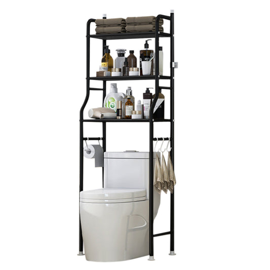 3 Tier Shelf Over Toilet Storage Rack With Paper Holder And Hooks-Black