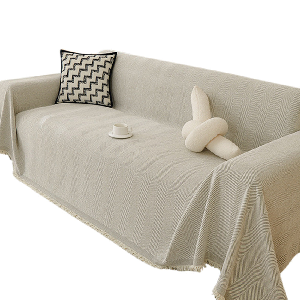 Herringbone Tassel Sofa Throw Cover Large Blanket for Couch Furniture Protector-Beige