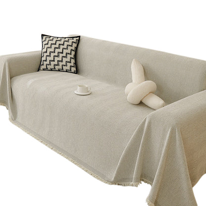Herringbone Tassel Sofa Throw Cover Large Blanket for Couch Furniture Protector-Beige