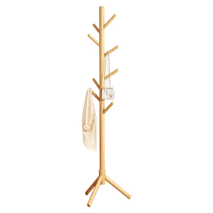 Solid Wood Freestanding Coat Rack with 8 Hooks Tripod Base for Bedroom Entryway-Natural Wood