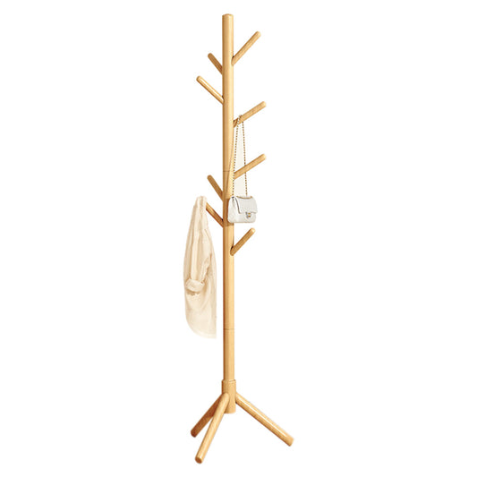 Solid Wood Freestanding Coat Rack with 8 Hooks Tripod Base for Bedroom Entryway-Natural Wood