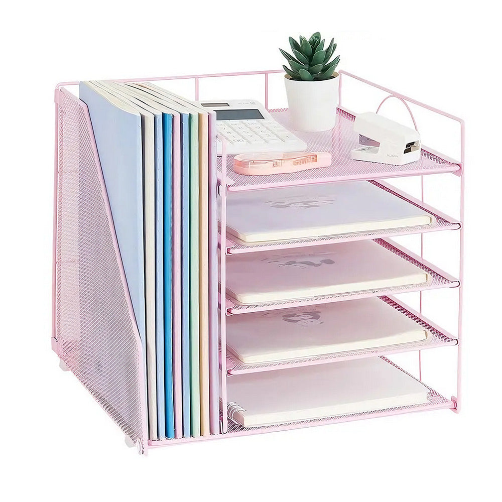 Metal File Organizer Rack Desktop Storage Shelf for Office Home Pink