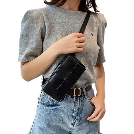 PU Leather Woven Style Crossbody Bag Small Shoulder Fanny Pack for Women Black