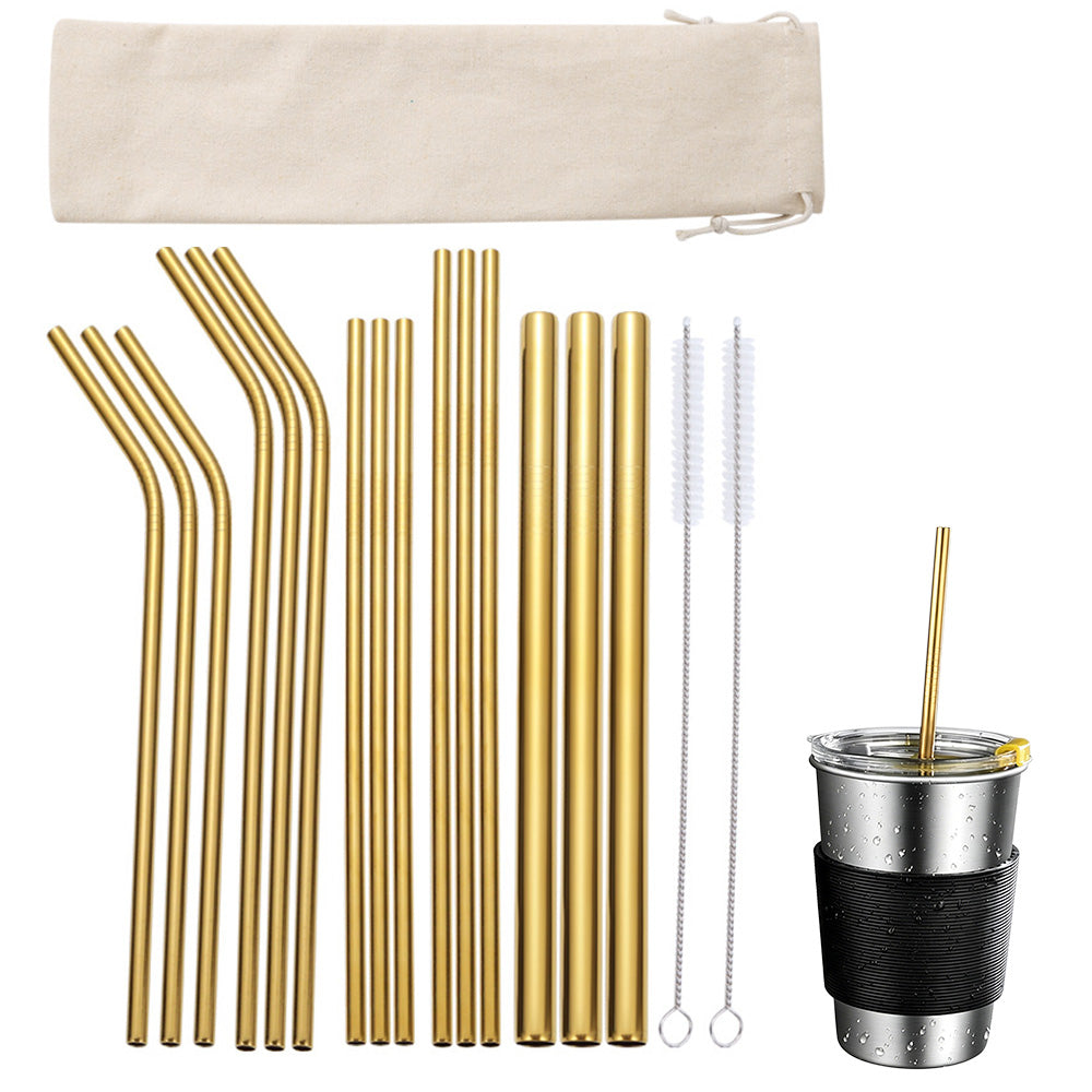 17Pcs Reusable Stainless Steel Straws Set with Cleaning Brushes and Pouch-Gold