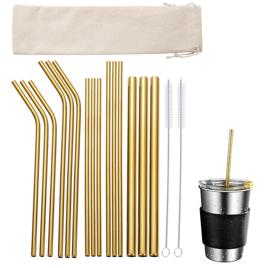 17Pcs Reusable Stainless Steel Straws Set with Cleaning Brushes and Pouch-Gold