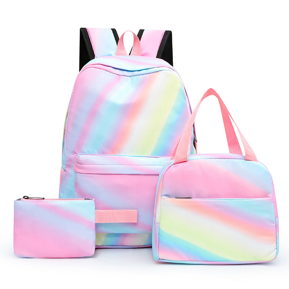 3PCS Girls Gradient Color Backpack School Backpack Lunch Bag Pencil Case-Mixed