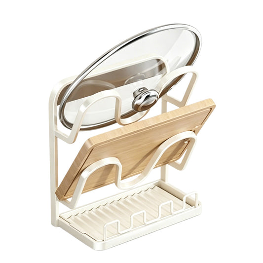 Pot Lid Storage Rack Carbon Steel Holder with Drip Tray Organizer-White