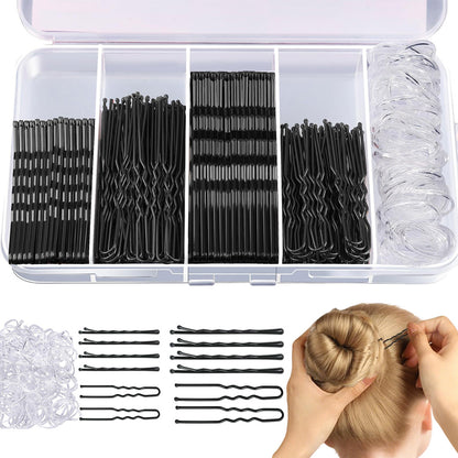 Hair Pins Set with Storage Box Bobby Pins & U Shaped Hair Clips Kit for Bun Updo Styling-Black