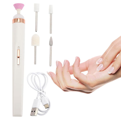 Electric Nail Drill Pen with LED Light and 5 Grinding Heads USB Manicure Machine White