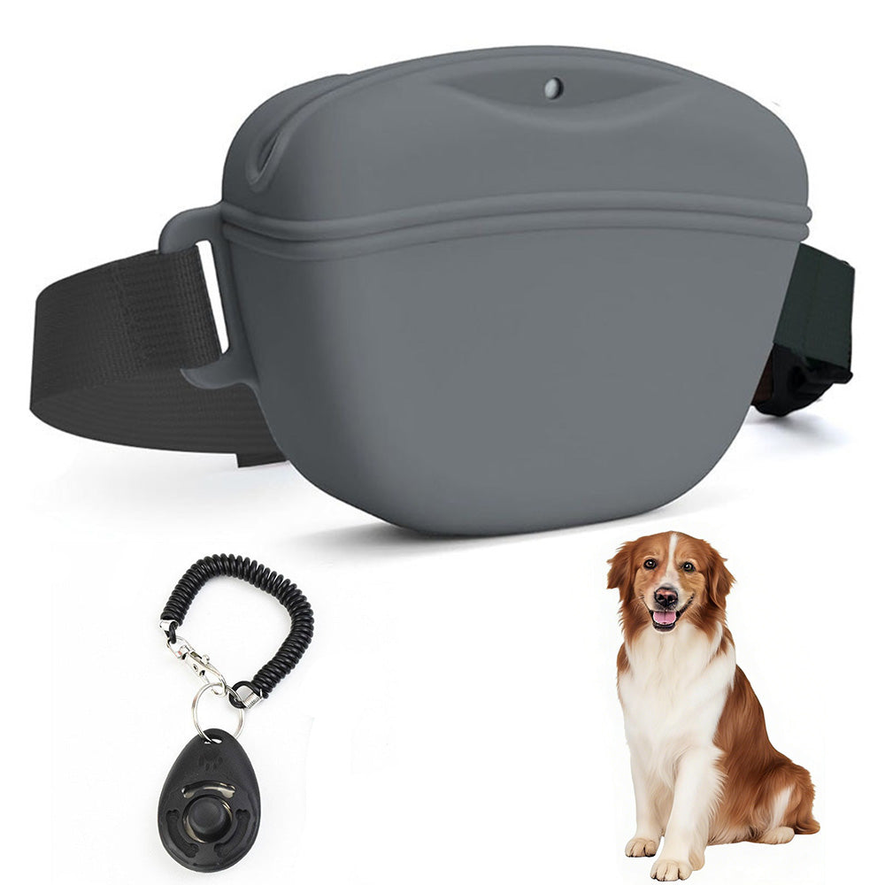 Dog Treat Pouch With Training Clicker Pet Silicone Training Treat Bag Pouch-Grey