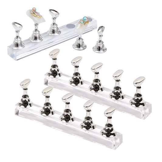 Set of 2Pcs Acrylic DIY Nail Art Practice Display Stand Magnetic Fake Nails Holder for Manicure Practices Sliver