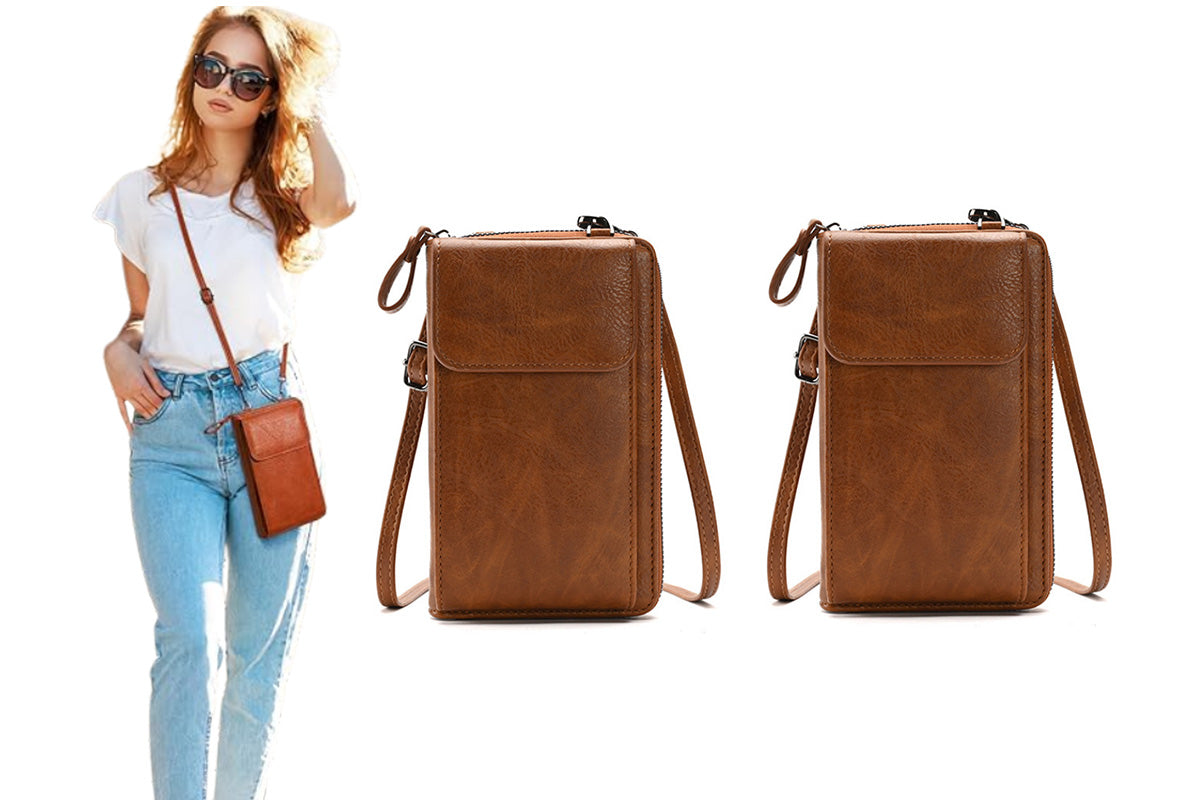 PU Leather Women Pouch Bag Mobile Phone Bag Crossbody Purse Wallet Shoulder Bag-Brown