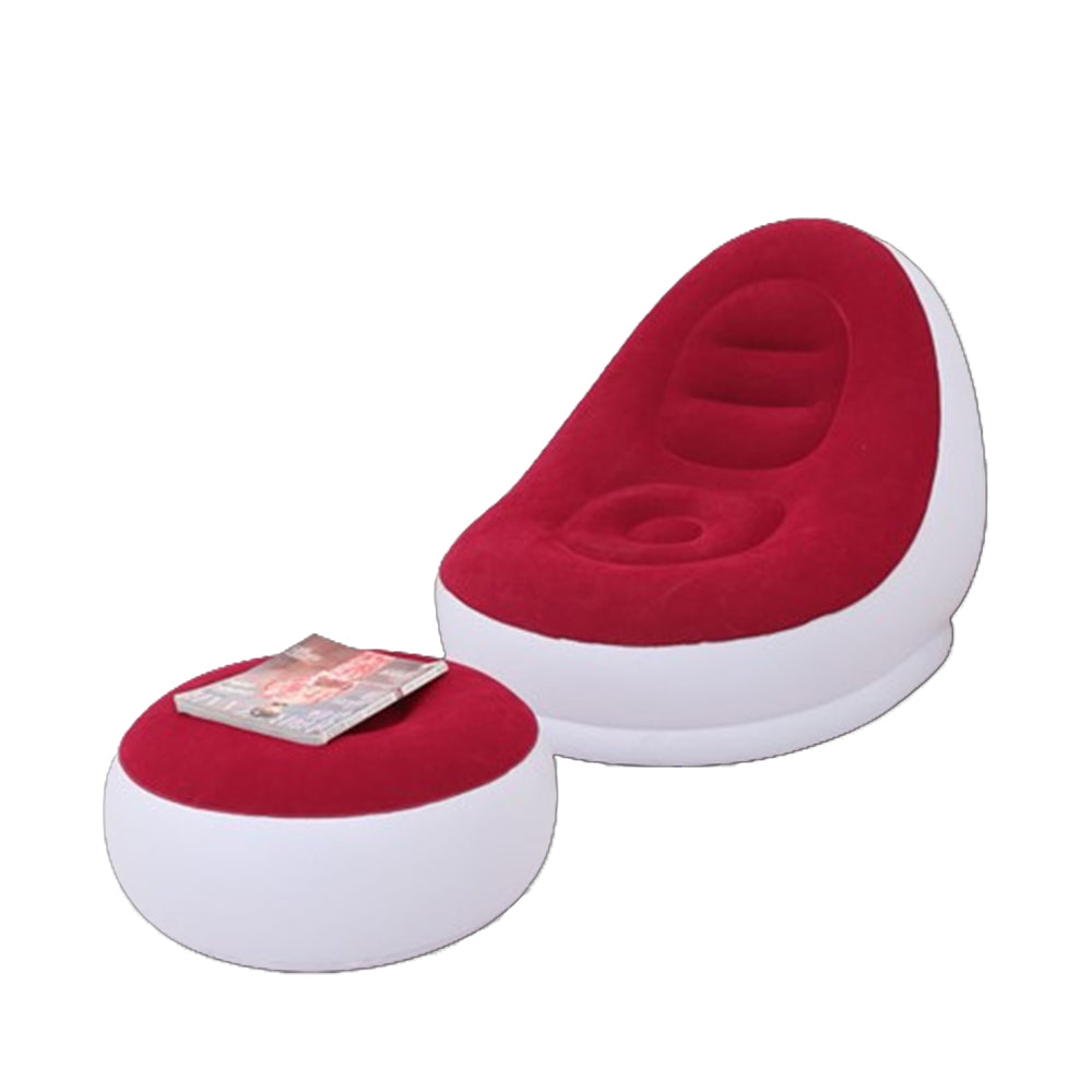 Inflatable Sofa Couch and Footrest Set Flocking Blow Up Couch Chair Set for Camping Balcony Bedroom Wine Red