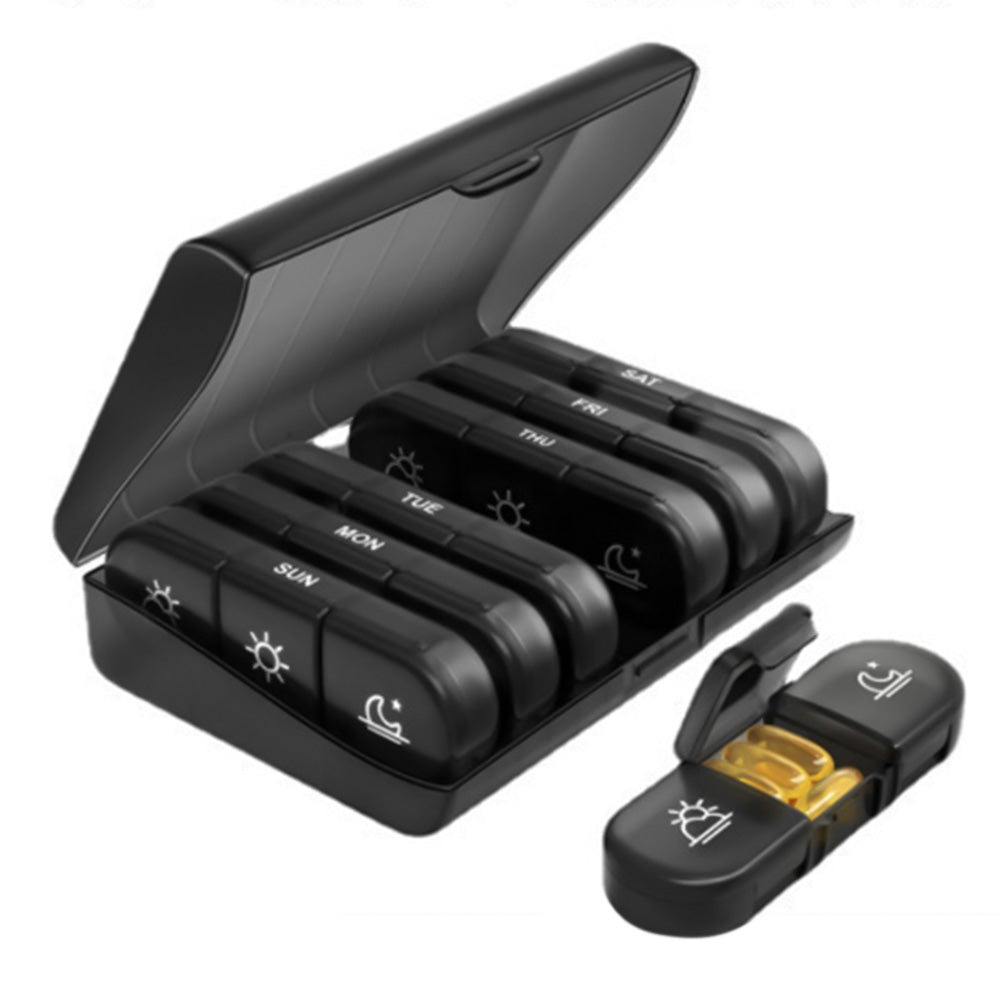 Weekly Pill Box Organizer 7 Days Tablet Storage Dispenser With One Side Large Openings-Black