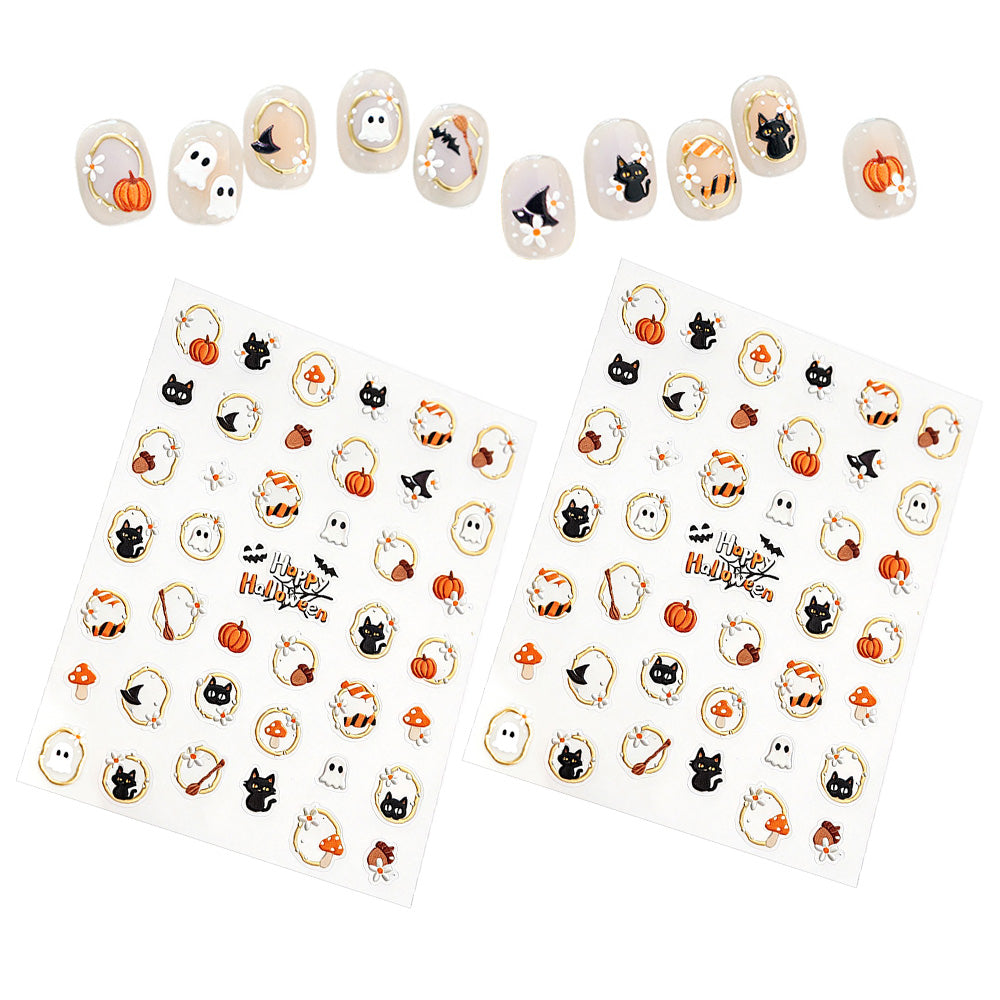 2 Sheets Halloween Nail Art Stickers Self-Adhesive Nail Decals with Pumpkin Cat Ghost Designs
