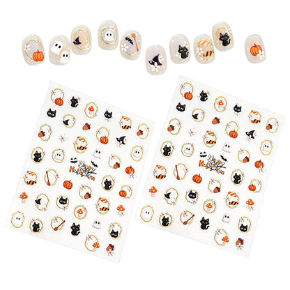 2 Sheets Halloween Nail Art Stickers Self-Adhesive Nail Decals with Pumpkin Cat Ghost Designs