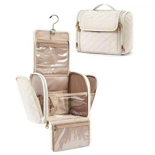 Travel Makeup Bag with Hanging Hook Large Capacity-Beige
