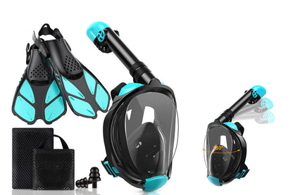 Snorkeling Goggles Foot Flippers and Snorkel Scuba Diving Set-Cyan