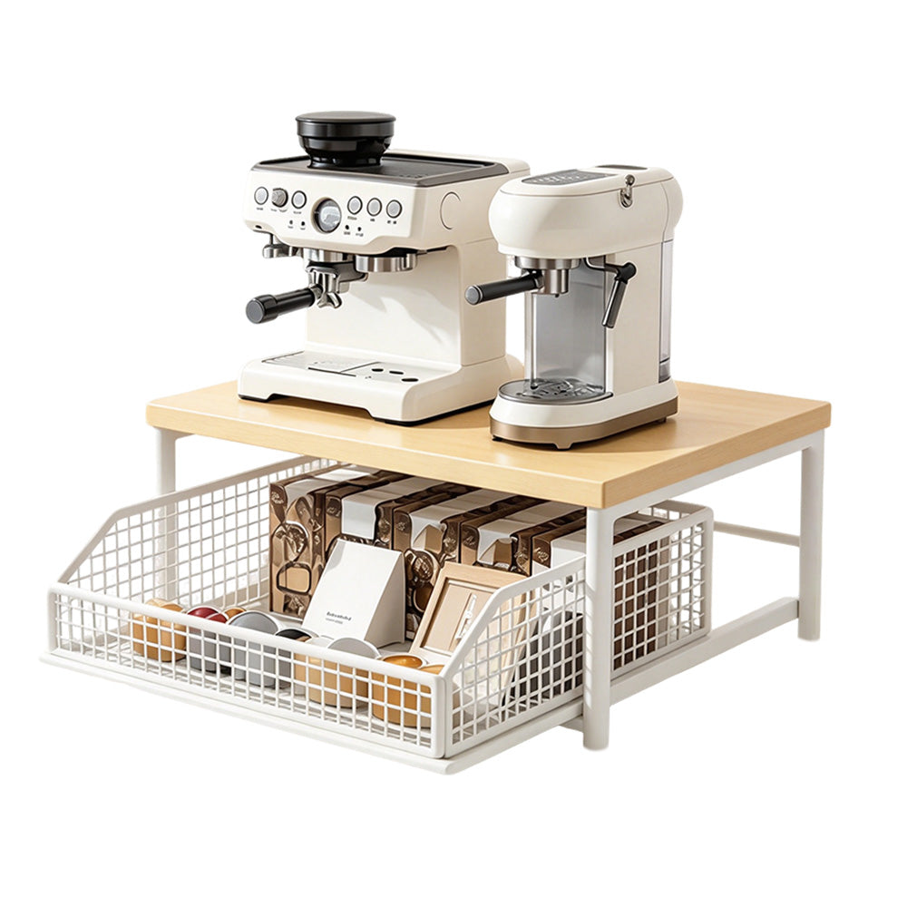Kitchen Countertop Riser Metal Storage Rack with Pull Out Drawer Organizer White