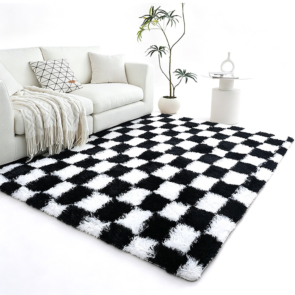 Checkered Plush Shaggy Rug Non Slip Carpet - Black