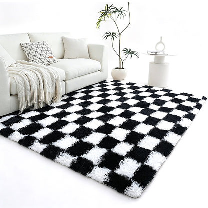 Checkered Plush Shaggy Rug Non Slip Carpet - Black