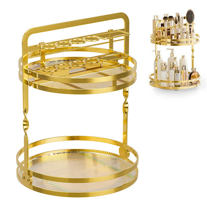 Rotating Makeup Organizer Double Layer with Brush Holder for Skincare Perfume-Gold