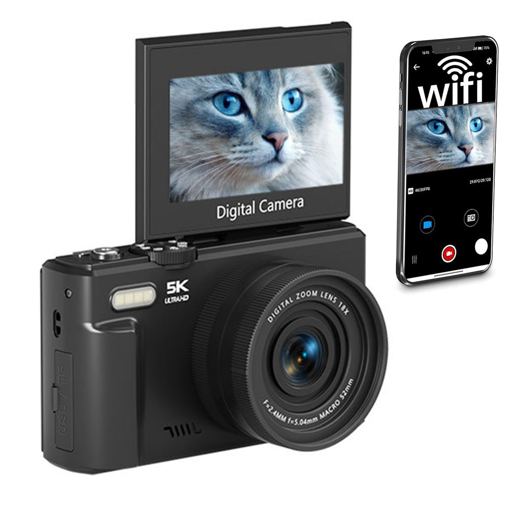 5K Digital Camera with 180-degree Flip Screen Autofoucs Vlogging Camera for YouTube -Black