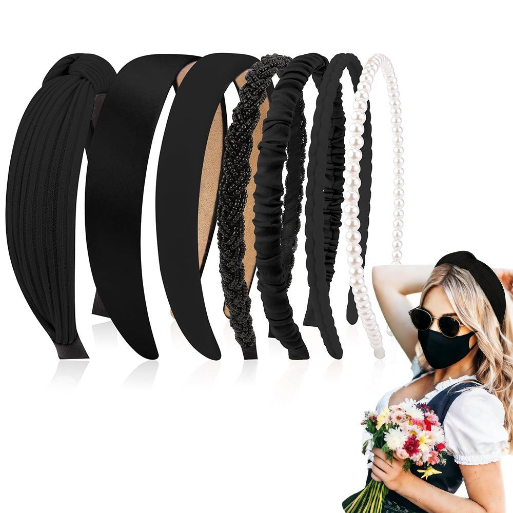 7 Piece Retro Pearl and Ribbon Hair Headband Set for Women-Black