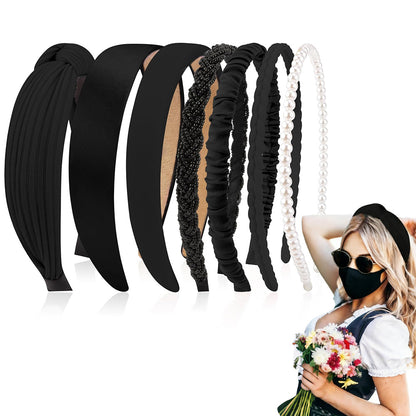 7 Piece Retro Pearl and Ribbon Hair Headband Set for Women-Black