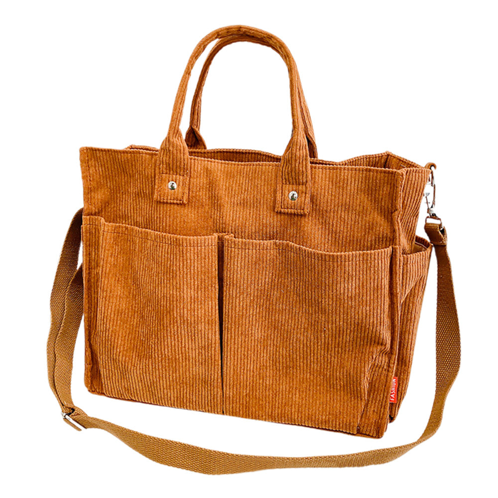 Corduroy Tote Bag Zipper Shoulder Bag Corduroy Crossbody Bag Square Handbag-Brown