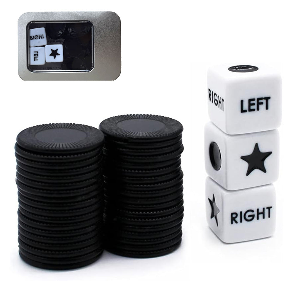 Left Right Center Dice Game Prime Set with 3 Dices 24 Chips for Party Family Fun-Black